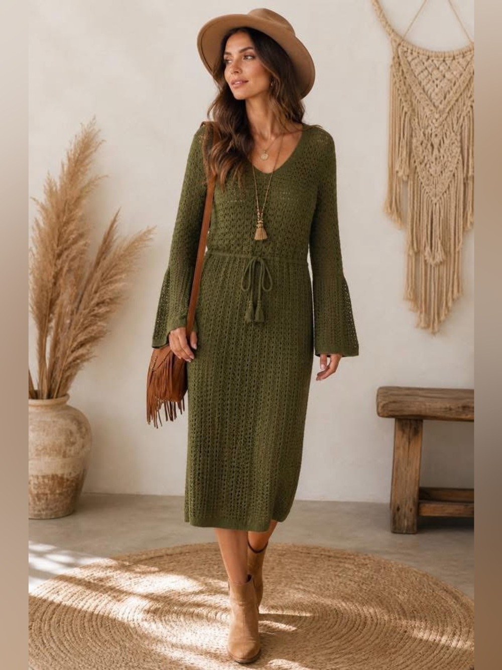 C&C California Olive Green Crochet Midi Dress | large